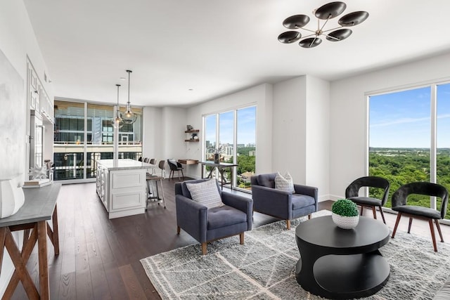 living room with dark hardwood / wood-style flooring, a wealth of natural light, and a notable chandelier