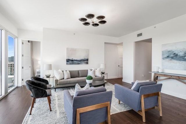 living room featuring dark wood-type flooring