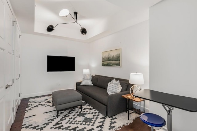 living room featuring a tray ceiling and hardwood / wood-style floors