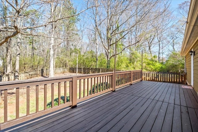 wooden deck with a fenced backyard