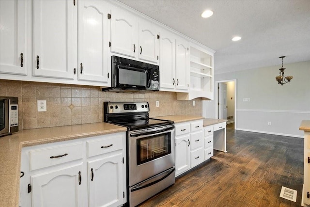 kitchen featuring open shelves, electric range, light countertops, white cabinets, and black microwave