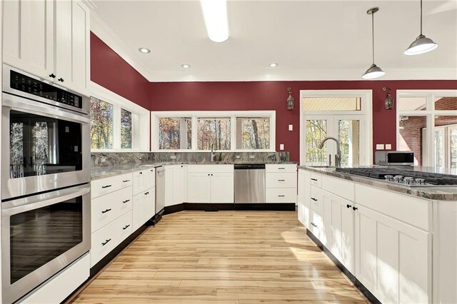 kitchen with a wealth of natural light, light wood-type flooring, decorative light fixtures, and appliances with stainless steel finishes