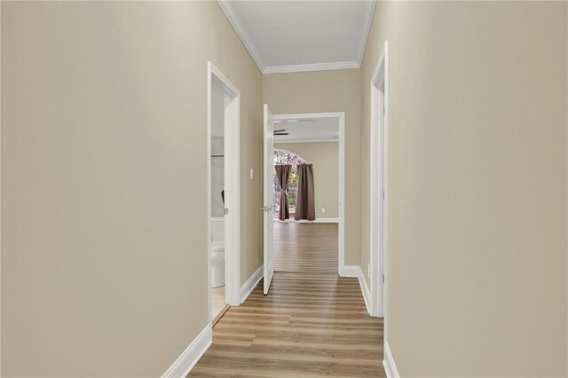 hall featuring light wood-type flooring and crown molding