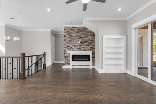 unfurnished living room featuring recessed lighting, baseboards, wood finished floors, and ornamental molding