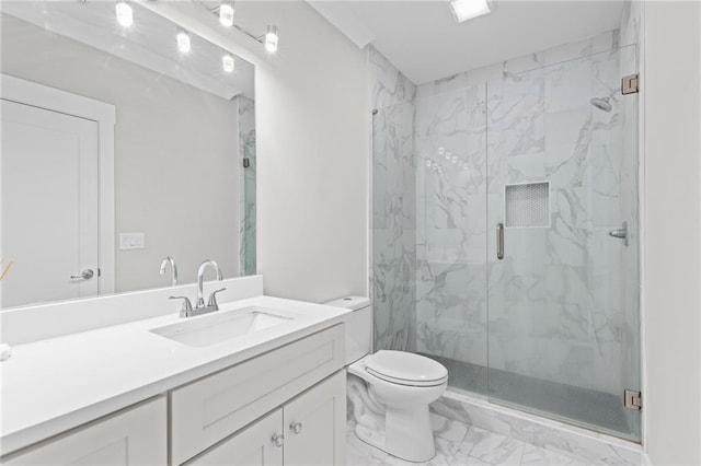 full bathroom with a marble finish shower, toilet, marble finish floor, and vanity