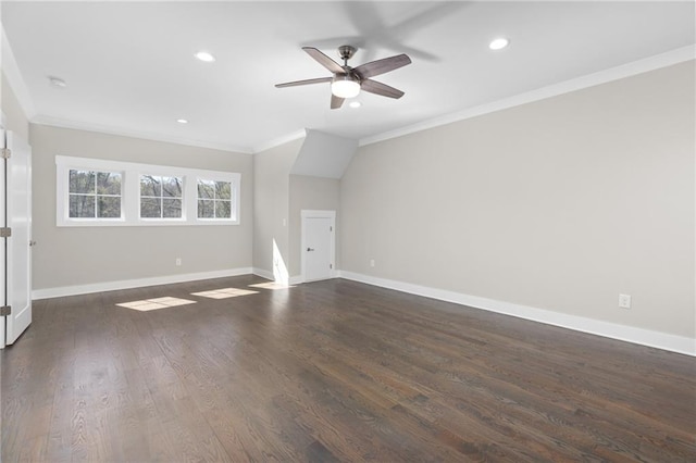 unfurnished room with dark wood-type flooring, recessed lighting, baseboards, and ornamental molding