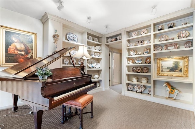 sitting room featuring built in features and carpet