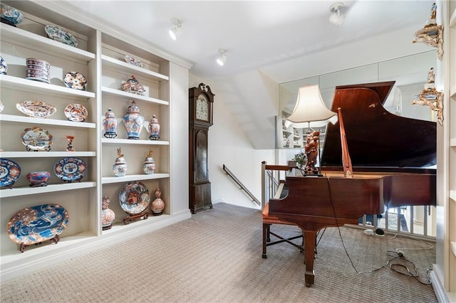 living area with built in shelves, carpet flooring, and an upstairs landing
