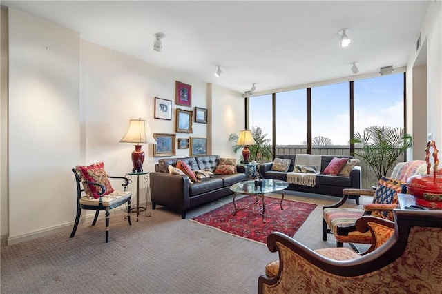 living room featuring carpet floors, expansive windows, and baseboards