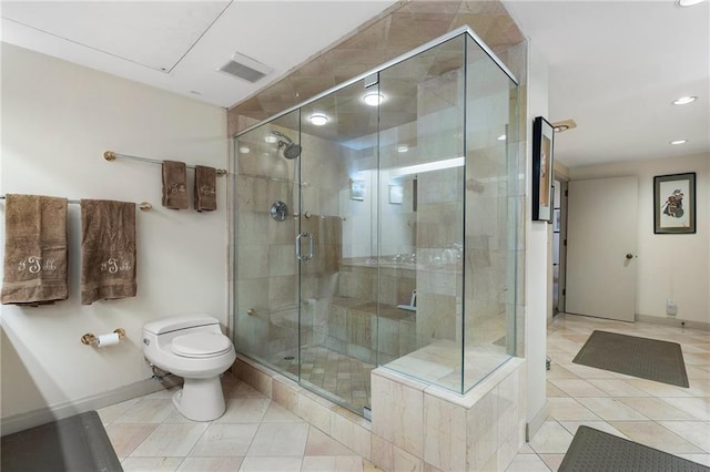 full bath featuring visible vents, tile patterned flooring, toilet, and a shower stall