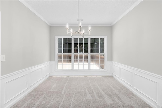 7000 Foxberry Ln, Roswell, GA 30075 - unfurnished dining area with a chandelier, a decorative wall, a wainscoted wall, ornamental molding, and carpet