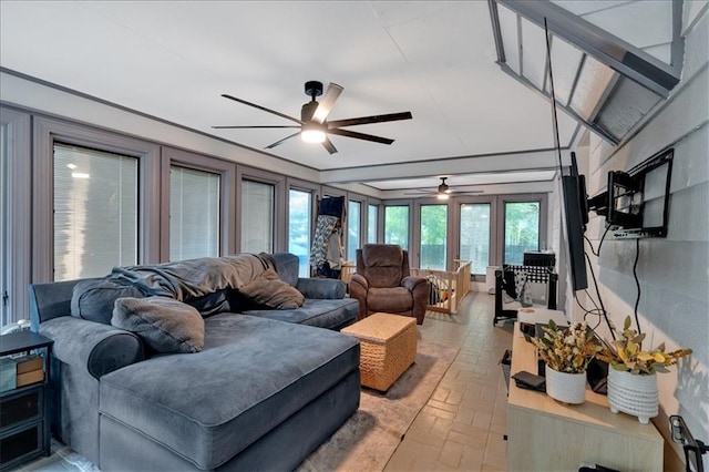 living room featuring ceiling fan