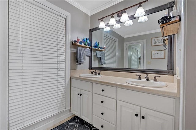 bathroom with crown molding and vanity