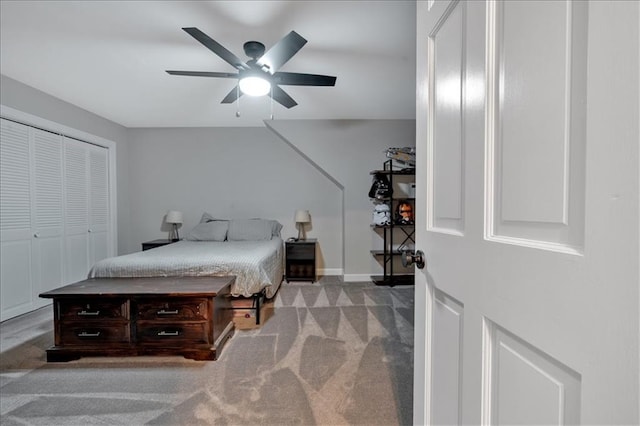 carpeted bedroom featuring ceiling fan