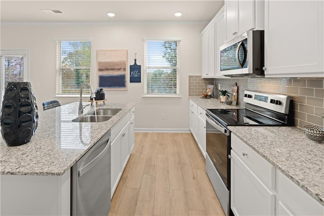 kitchen with a sink, white cabinetry, appliances with stainless steel finishes, light stone countertops, and tasteful backsplash