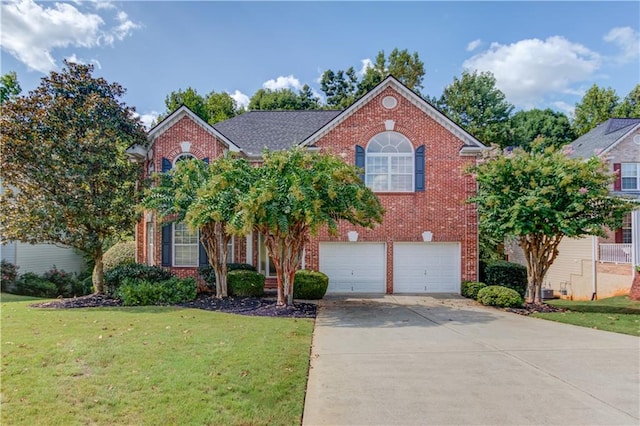 front facade featuring a garage and a front lawn