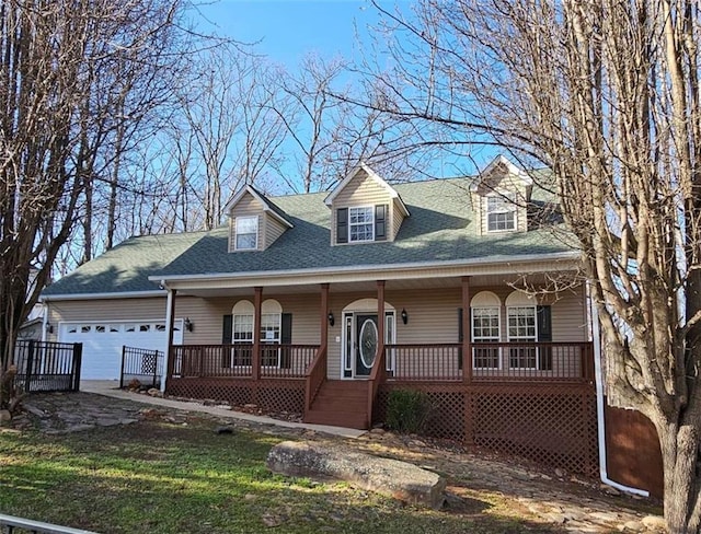 cape cod home with a porch, a shingled roof, and an attached garage