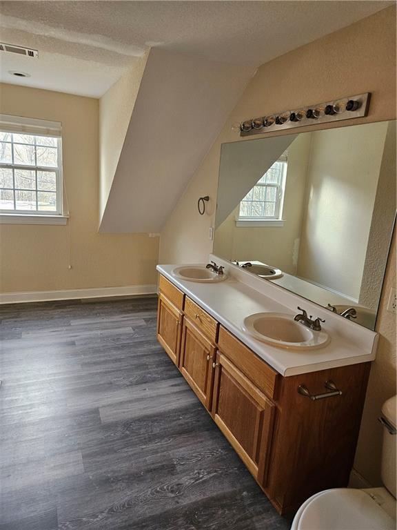 bathroom with visible vents, a sink, toilet, and wood finished floors