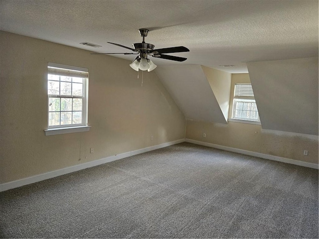 additional living space with visible vents, carpet floors, a textured ceiling, and a wealth of natural light