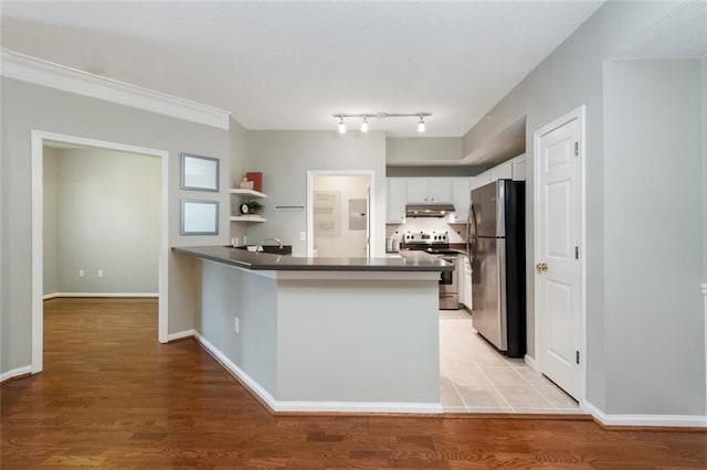 kitchen with under cabinet range hood, light wood-style floors, appliances with stainless steel finishes, and a peninsula