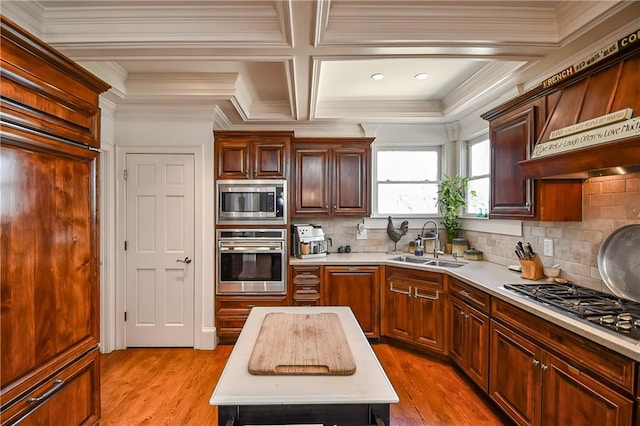 kitchen featuring a center island, light countertops, custom range hood, stainless steel appliances, and a sink