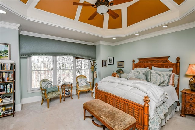 bedroom with crown molding, recessed lighting, light carpet, and baseboards