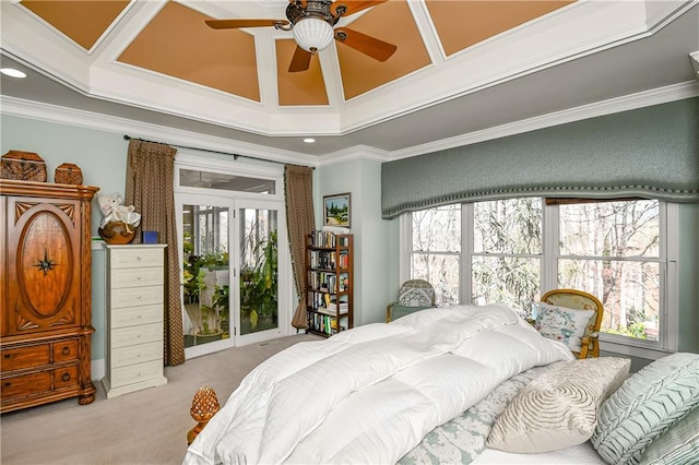 bedroom featuring access to outside, ornamental molding, light colored carpet, and coffered ceiling