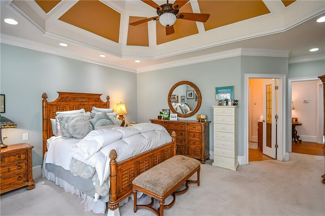 bedroom with recessed lighting, ornamental molding, light carpet, and baseboards