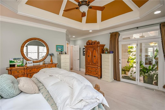 bedroom with access to exterior, ornamental molding, light carpet, and visible vents