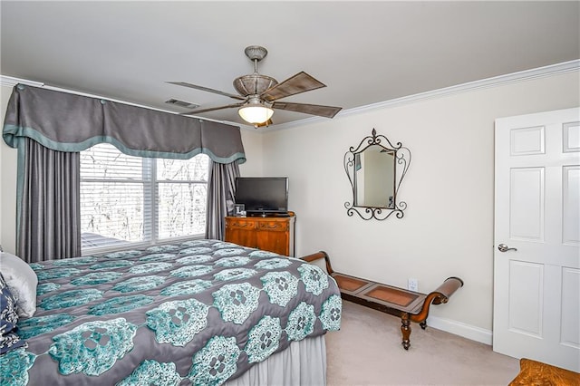 carpeted bedroom featuring baseboards, crown molding, a ceiling fan, and visible vents