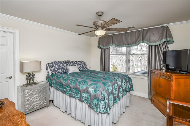 bedroom featuring baseboards, ornamental molding, light colored carpet, and ceiling fan