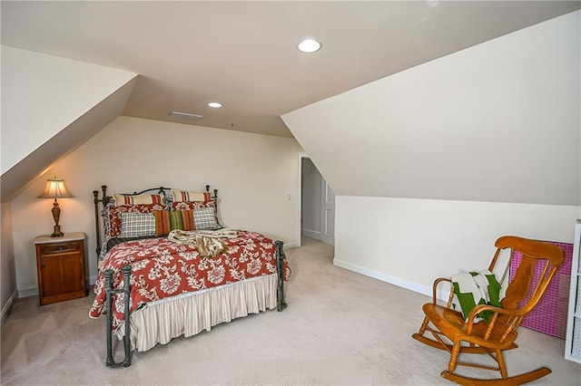 bedroom featuring carpet floors, vaulted ceiling, baseboards, and recessed lighting