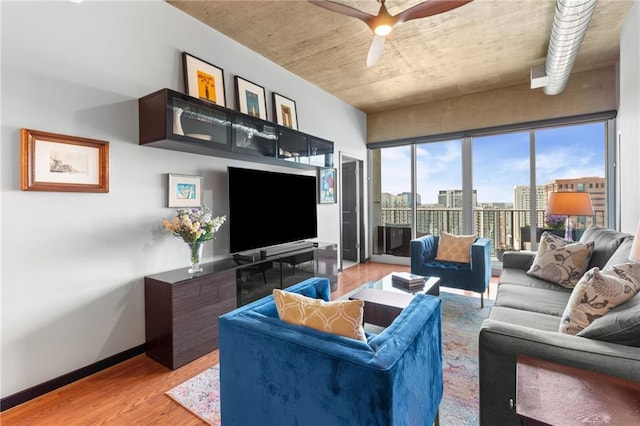 943 Peachtree St NE Unit 1910, Atlanta, GA 30309 - living room featuring wood finished floors, ceiling fan, and baseboards