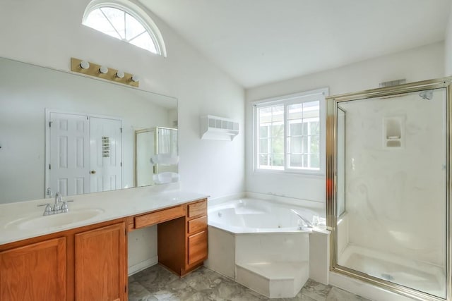 full bath featuring a wealth of natural light, lofted ceiling, a stall shower, and a bath