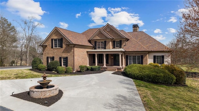 view of front of property with a front lawn, brick siding, a porch, and a chimney