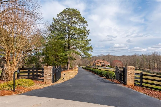 view of street featuring driveway and a gate