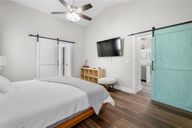 3313 Harmon Ridge Ct, Buford, GA 30519 - bedroom with a barn door, wood finished floors, baseboards, a ceiling fan, and high vaulted ceiling
