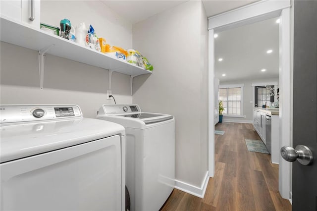 3313 Harmon Ridge Ct, Buford, GA 30519 - washroom with washing machine and clothes dryer, dark wood-style floors, baseboards, and recessed lighting