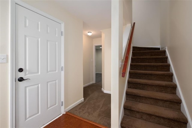 stairway featuring baseboards and carpet