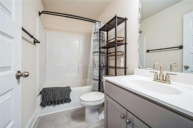 full bathroom with toilet, shower / bath combination with curtain, and vanity