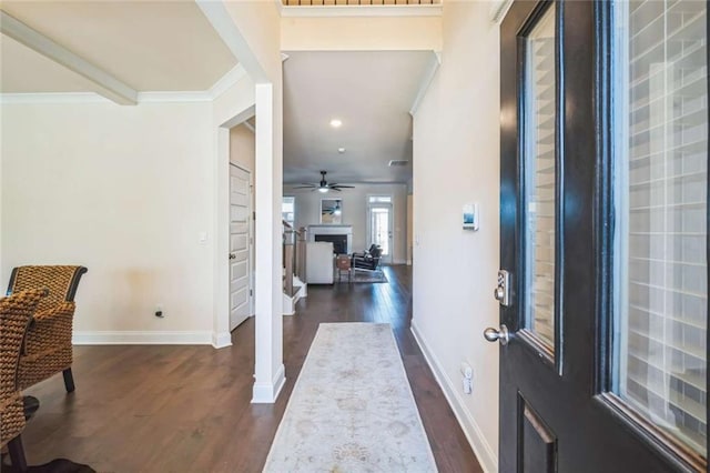 entryway with baseboards, dark wood finished floors, and crown molding