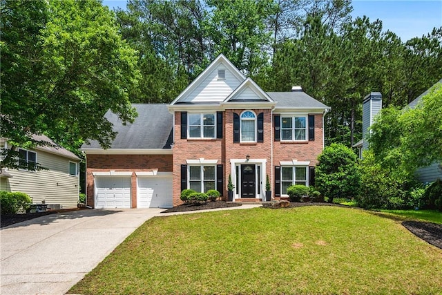 3174 Vickery Dr NE, Marietta, GA 30066 - colonial inspired home with brick siding, concrete driveway, a front yard, and a garage