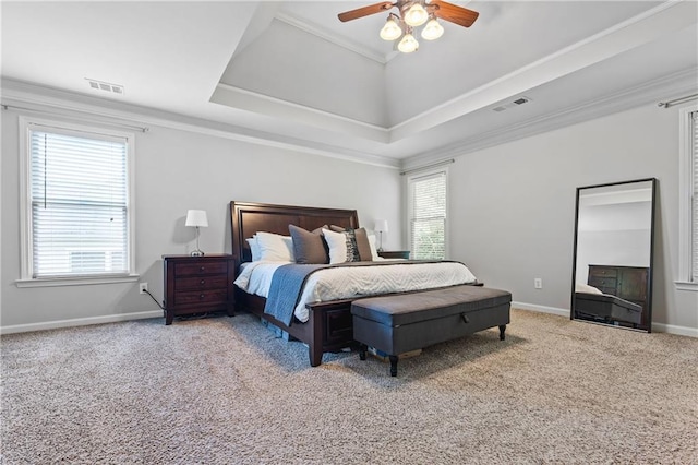 3174 Vickery Dr NE, Marietta, GA 30066 - bedroom with carpet floors, baseboards, ceiling fan, ornamental molding, and a raised ceiling