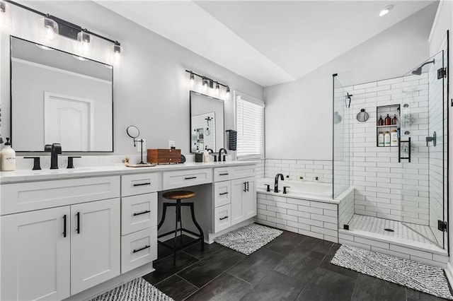 3174 Vickery Dr NE, Marietta, GA 30066 - full bath featuring a shower stall, a garden tub, double vanity, recessed lighting, and lofted ceiling