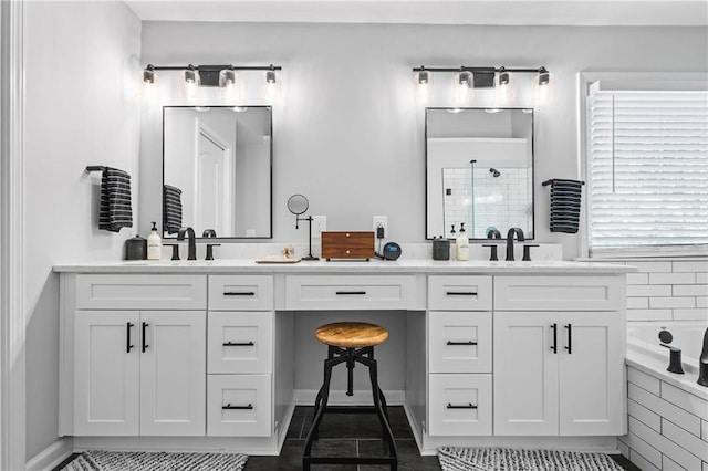 3174 Vickery Dr NE, Marietta, GA 30066 - full bathroom with a stall shower, double vanity, and a relaxing tiled tub