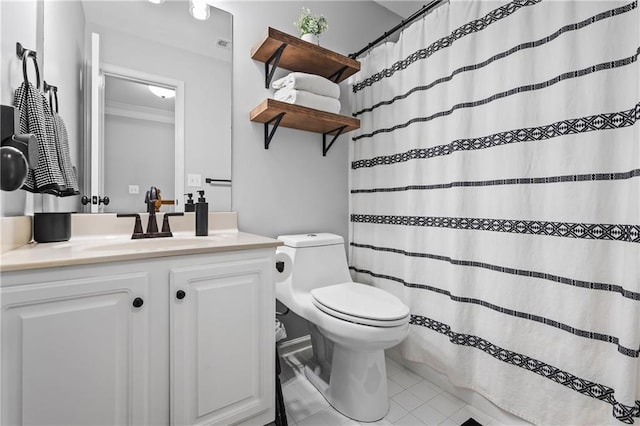 3174 Vickery Dr NE, Marietta, GA 30066 - full bathroom featuring toilet, tile patterned flooring, vanity, curtained shower, and ornamental molding