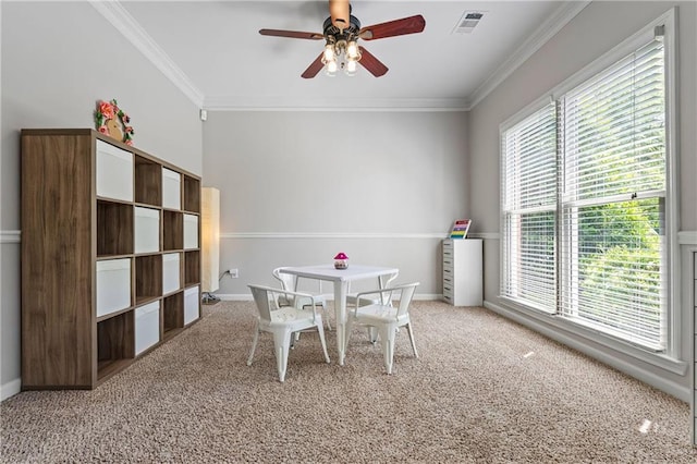 3174 Vickery Dr NE, Marietta, GA 30066 - dining space with ceiling fan, light carpet, crown molding, and baseboards