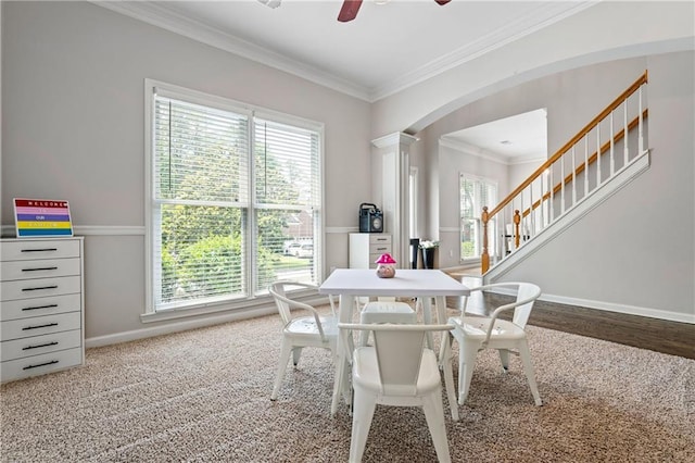 3174 Vickery Dr NE, Marietta, GA 30066 - carpeted dining area featuring arched walkways, ornamental molding, healthy amount of natural light, stairway, and ceiling fan