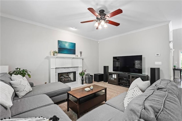 3174 Vickery Dr NE, Marietta, GA 30066 - living area featuring crown molding, a ceiling fan, and a fireplace with flush hearth