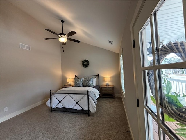 carpeted bedroom featuring high vaulted ceiling, visible vents, ceiling fan, and baseboards